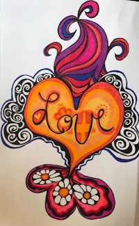 a drawing of a heart with the word love on it