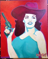 a painting of a woman holding a gun