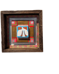 a wooden frame with a piece of art on it