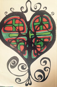 a drawing of a heart with swirls on it